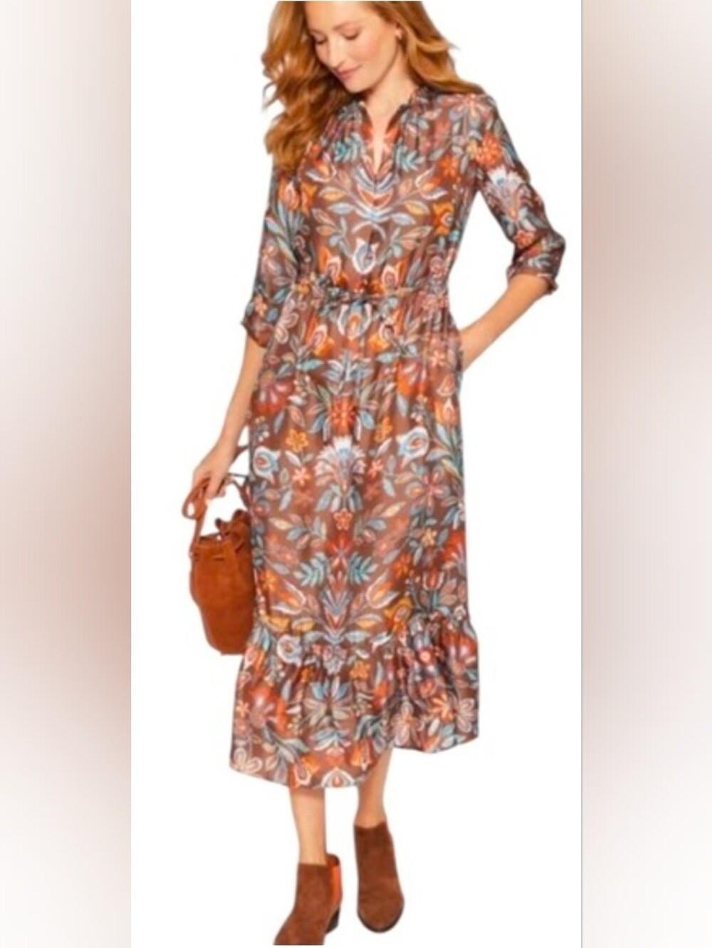 J. McLaughlin Silk Blend Brown Teal Rust Floral Long Sleeve Midi Dress Size XL